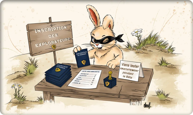 Bulă, le lapin masqué de Warren, assis à la table d'inscription des explorateurs, fait un clin d'œil en tendant un carnet « Explorateur du Warren » sous un panneau « Inscription des explorateurs ». Sur la table, une pile de carnets, une liste des inscrits cochée et un tampon ; à droite, un chevalet « Viens tester gratuitement pendant la Bêta »