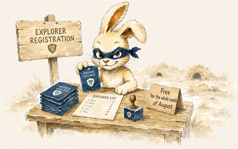 Bulă, Warren's masked rabbit, at the explorers' sign-up desk, holding out a “Warren Explorer” card under an “Explorer registration” board. On the desk, a stack of cards, a ticked explorer list and a stamp; on the right, a sign reading “Free for the whole month of August”