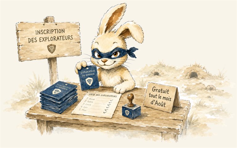 Bulă, le lapin masqué de Warren, à la table d'inscription des explorateurs, tendant une carte « Explorateur du Warren » sous un panneau « Inscription des explorateurs ». Sur la table, une pile de cartes, une liste d'explorateurs cochée et un tampon ; à droite, une pancarte « Gratuit tout le mois d'Août »