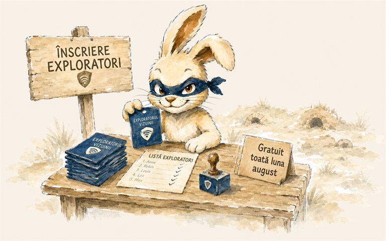 Bulă, iepurele mascat al lui Warren, la masa de înscriere a exploratorilor, întinzând un card „Exploratorul vizuinii” sub un panou „Înscriere exploratori”. Pe masă, un teanc de carduri, o listă de exploratori bifată și o ștampilă; în dreapta, o plăcuță „Gratuit toată luna august”