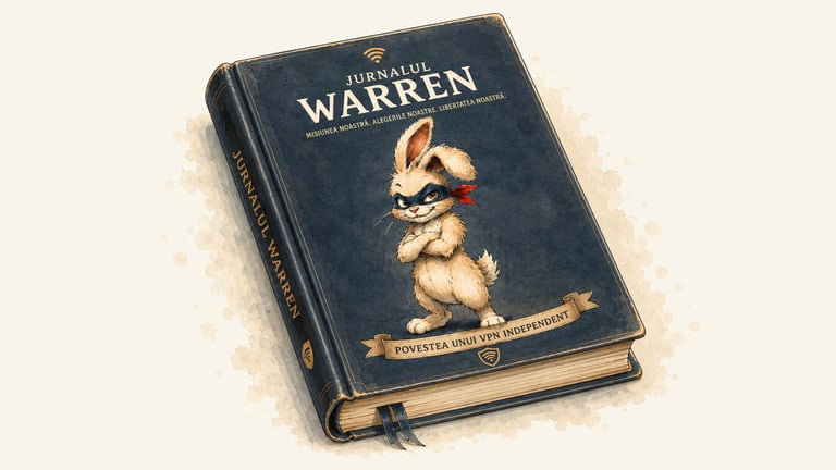 O carte legată în bleumarin, intitulată „Jurnalul Warren” și subintitulată „Misiunea noastră. Alegerile noastre. Libertatea noastră.”, cu un iepure mascat cu brațele încrucișate pe copertă, peste o banderolă „Povestea unui VPN independent”