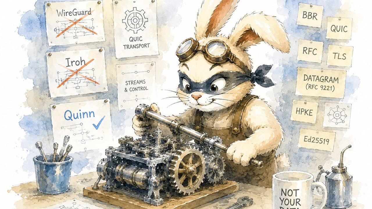 Bulă, goggles pushed up, tunes a geared machine; on the wall the WireGuard and Iroh notes are crossed out, Quinn is ticked, and labels read BBR, QUIC, TLS, DATAGRAM