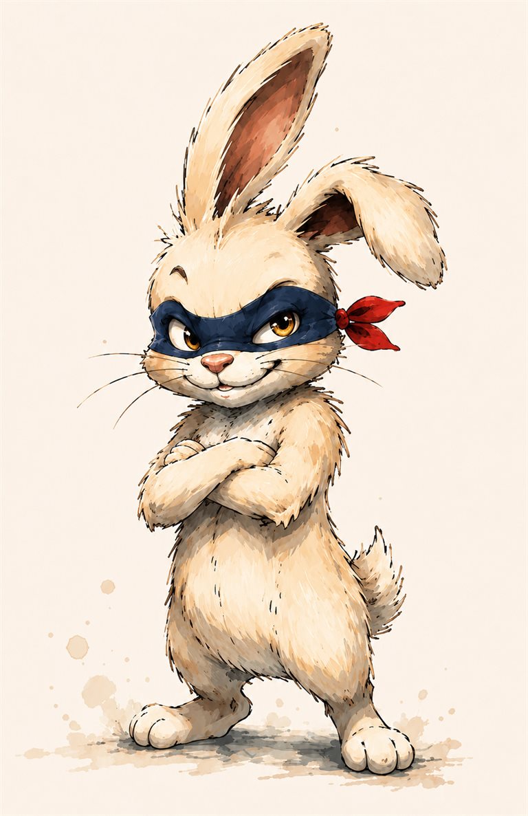 Bulă, le lapin masqué de Warren, debout bras croisés, sourire malicieux