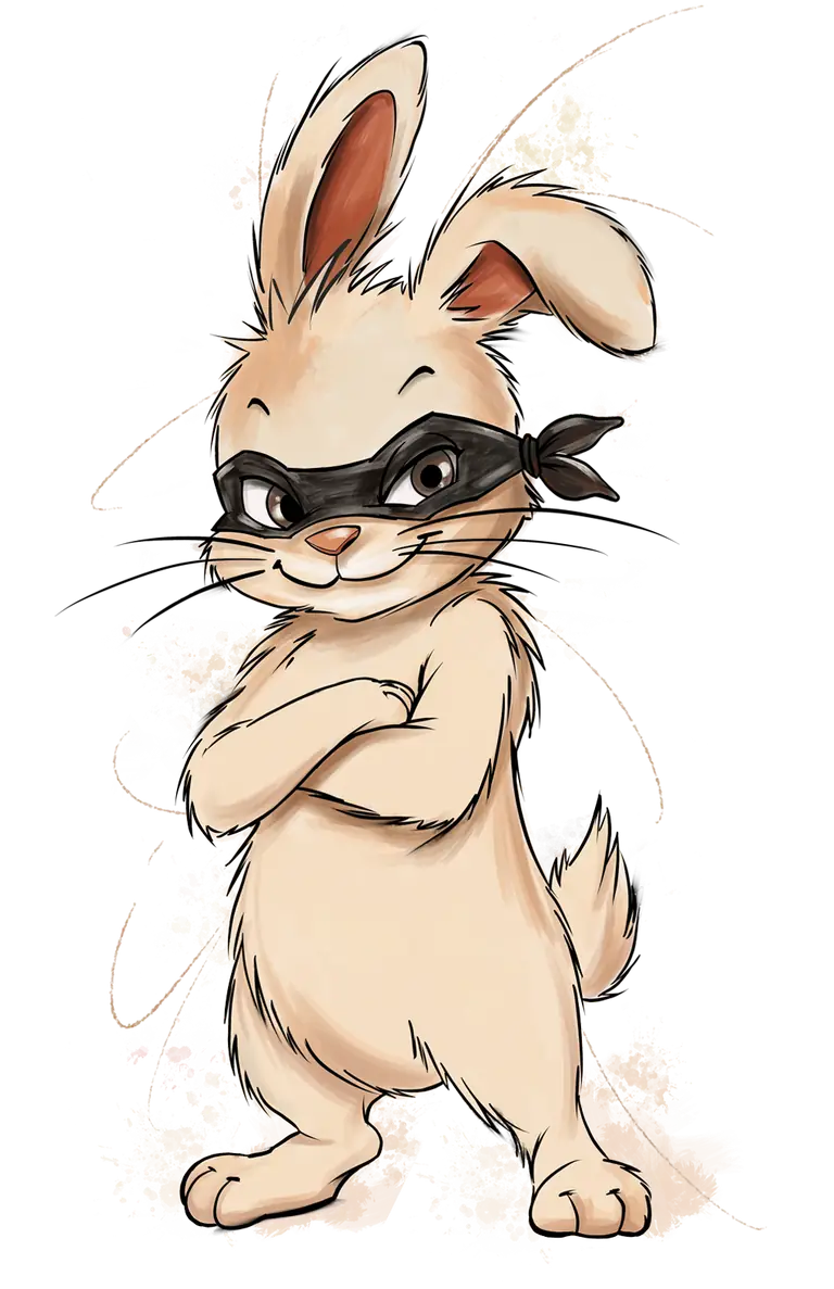 Bulă, le lapin masqué de Warren, debout bras croisés, sourire malicieux