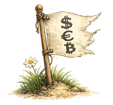 Un drapeau blanc marqué des symboles dollar, euro et bitcoin, planté sur un monticule fleuri à l'entrée du terrier