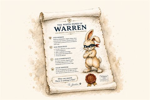 The Warren white paper: an unrolled parchment scroll titled “The White Paper of Warren”, the four charter sections, Bulă the masked rabbit with folded arms on the right, a red wax seal at the bottom