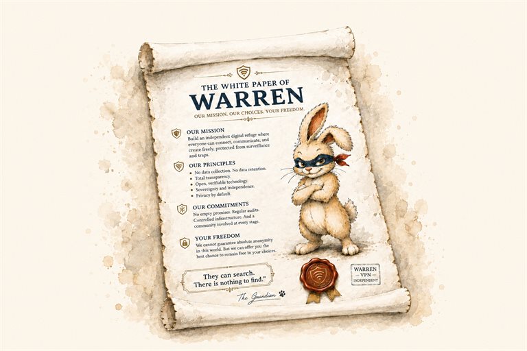 An unrolled parchment scroll painted in watercolour, titled “The White Paper of Warren” and subtitled “Our mission. Our choices. Your freedom.”, with four sections: Our mission, Our principles, Our commitments, Your freedom. On the right, Bulă, Warren's masked rabbit, standing with arms folded. At the bottom, the line “They can search. There is nothing to find.”, the signature “The Guardian”, a red wax seal and a “Warren VPN independent” stamp