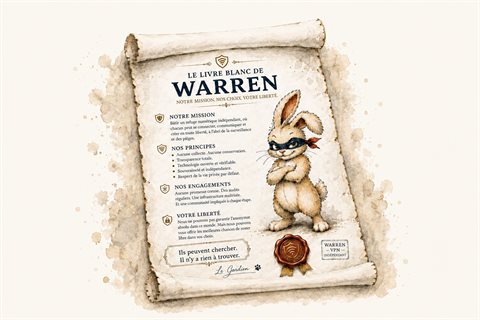 Le livre blanc de Warren : un parchemin déroulé titré « Le Livre Blanc de Warren », les quatre sections de la charte, Bulă le lapin masqué bras croisés à droite, un sceau de cire rouge en bas