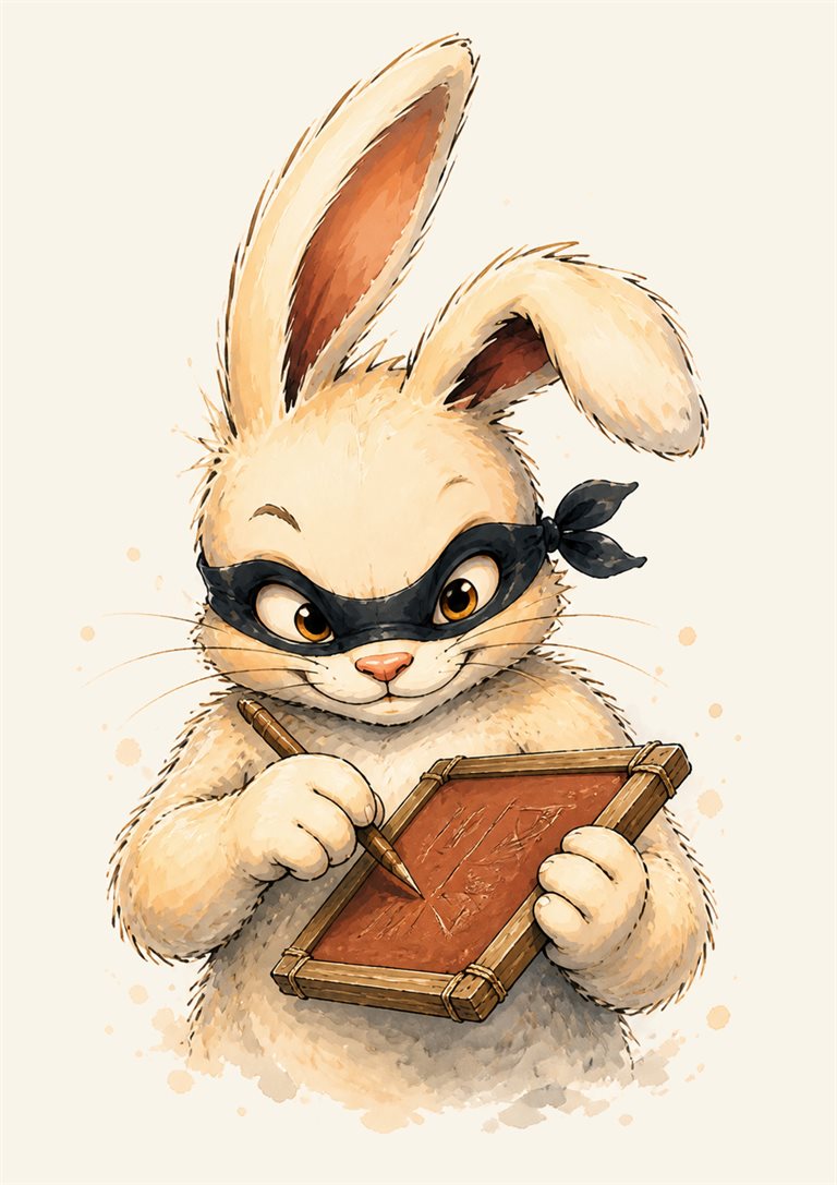Bula, le lapin masqué de Warren, tient une tablette d'argile cerclée de bois et y grave des signes cunéiformes avec un stylet